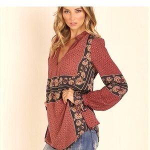 Free People Changing Times Brick Combo Long Sleeve Tunic Top